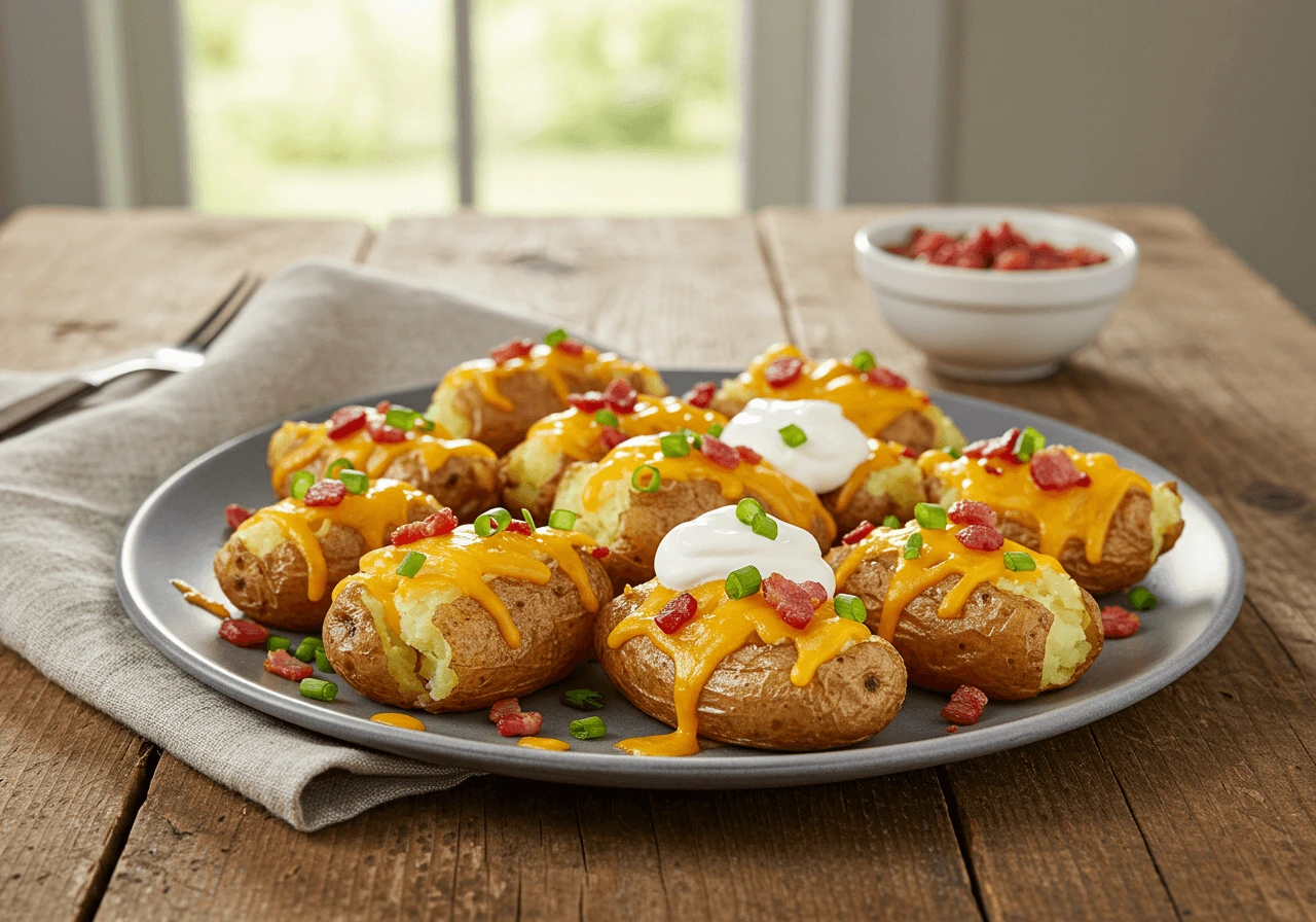 Crispy loaded roasted potatoes topped with cheese and bacon