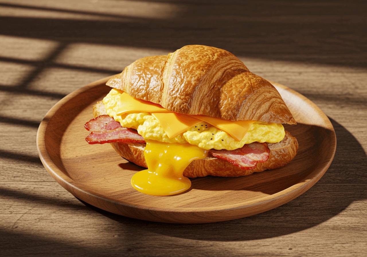 Golden bacon egg and cheese croissant with fresh ingredients