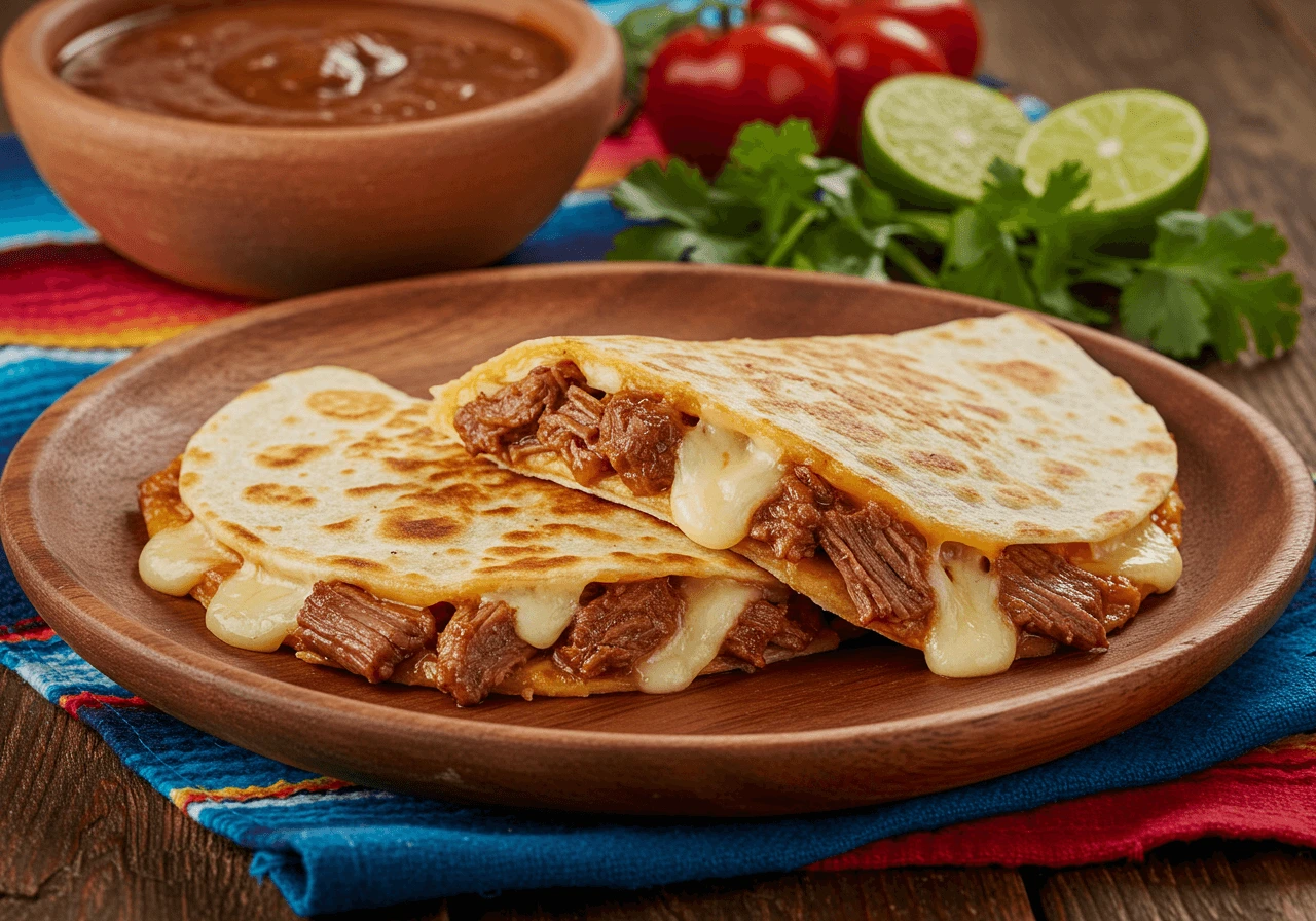 Close-up of a birria quesadilla with consomé and fresh garnishes