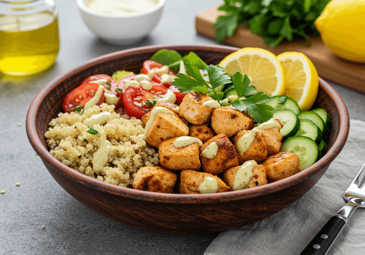 Healthy cubed chicken lunch bowl with quinoa and vegetables