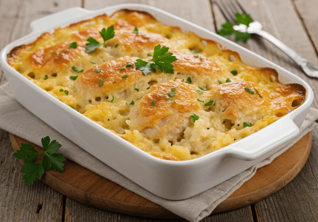 A freshly baked forgotten chicken recipe in a white dish with golden chicken and creamy rice