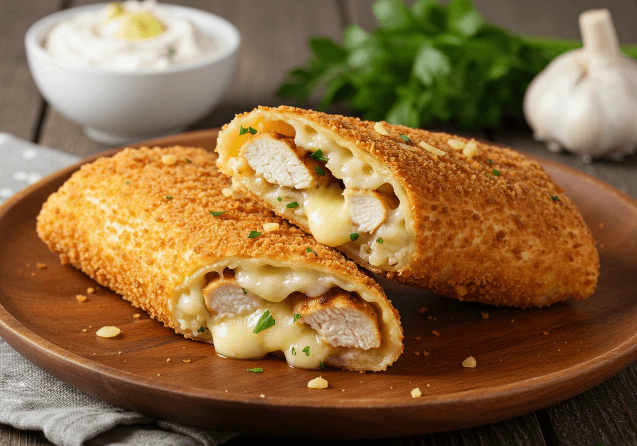 Crispy cheesy garlic chicken wrap with melted cheese and garlic butter sauce