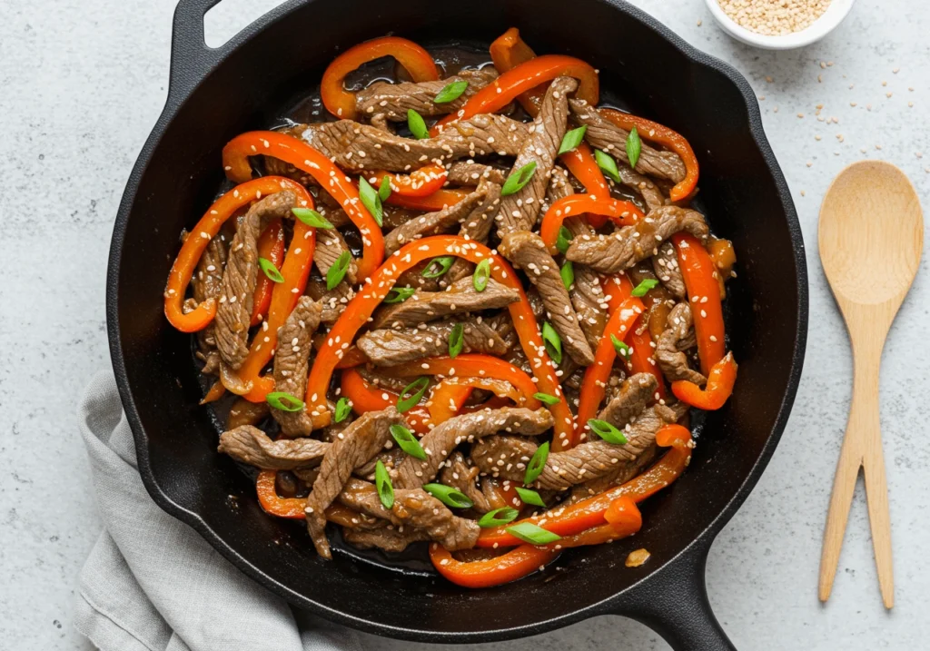 Easy beef stir-fry in a skillet with fresh vegetables