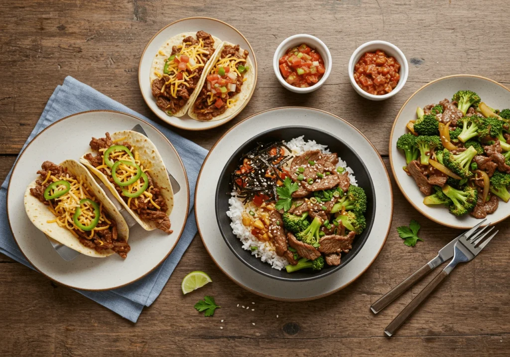 A variety of easy beef recipes on a wooden table