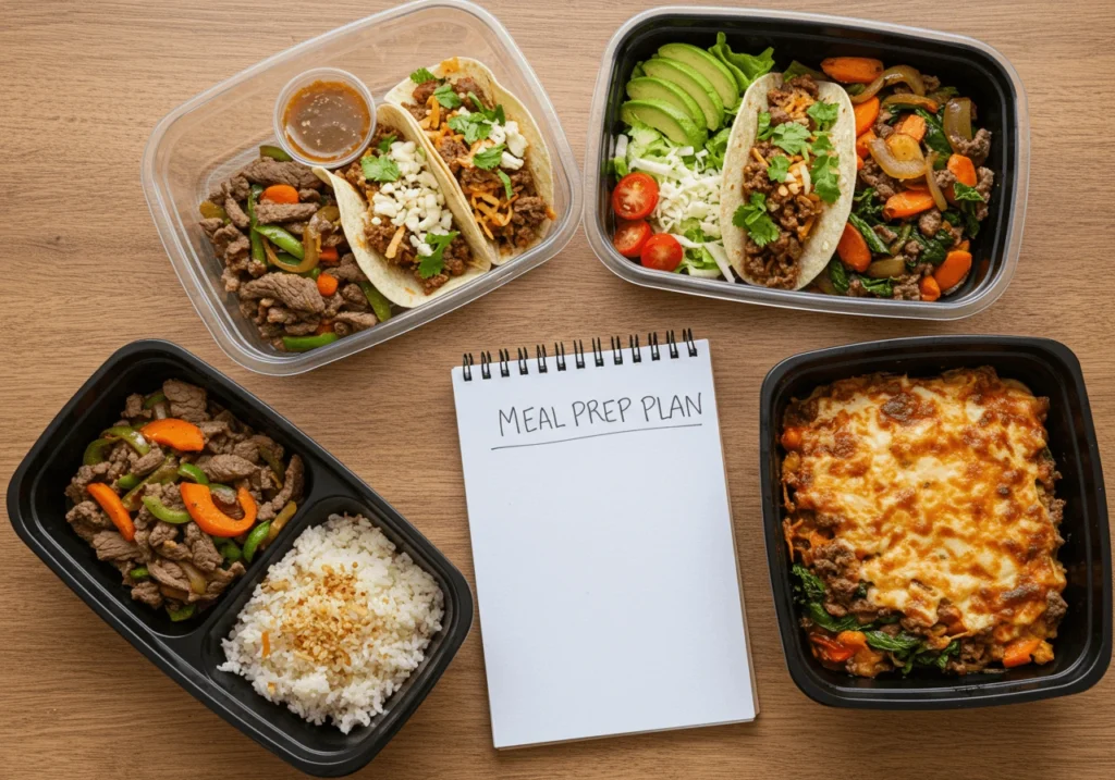 Meal prep containers with easy beef recipes for lunch