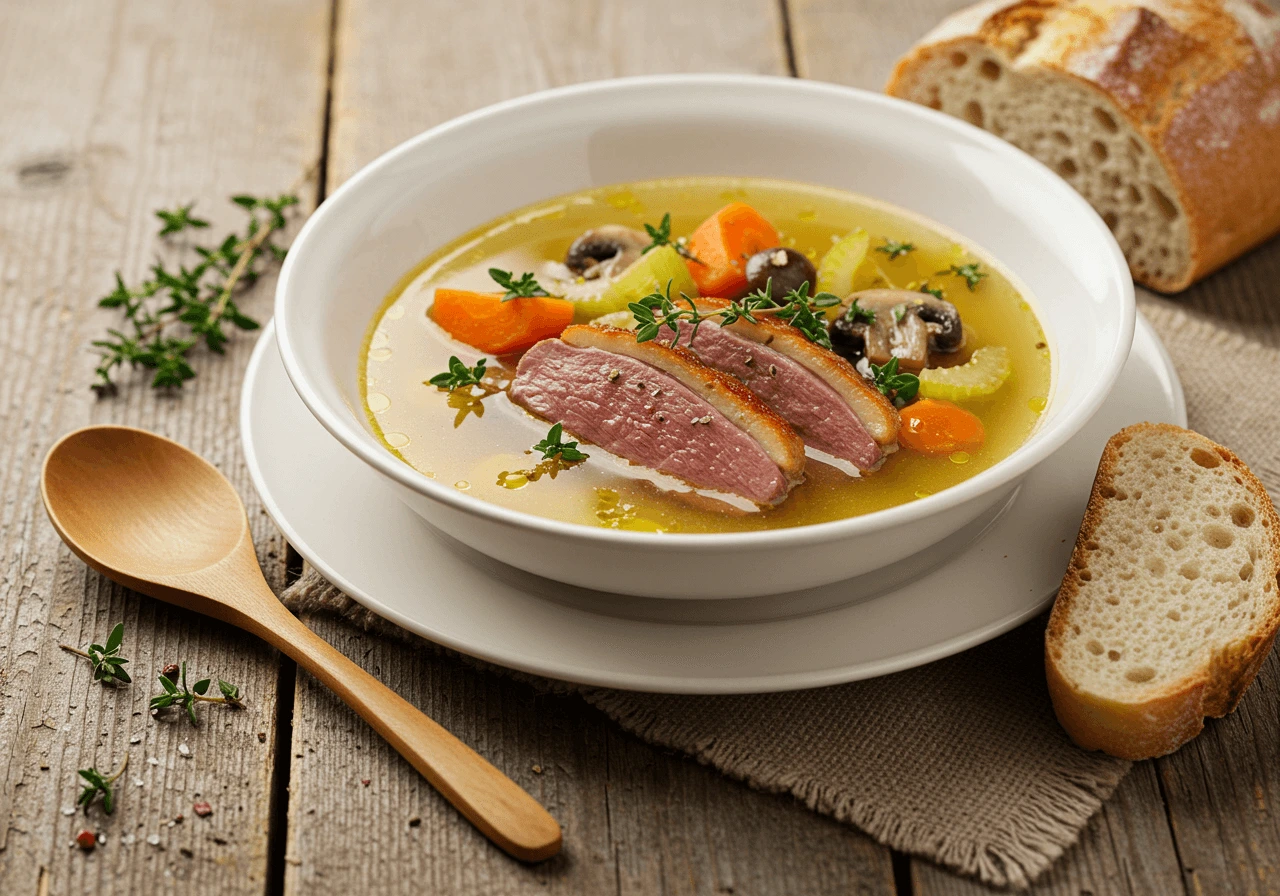 A bowl of homemade duck soup with fresh herbs and vegetables.