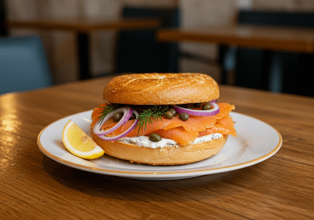 Smoked salmon bagel with capers, red onions, and dill on a rustic plate