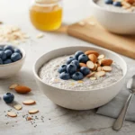 High-protein chia seed pudding with fresh blueberries and almonds