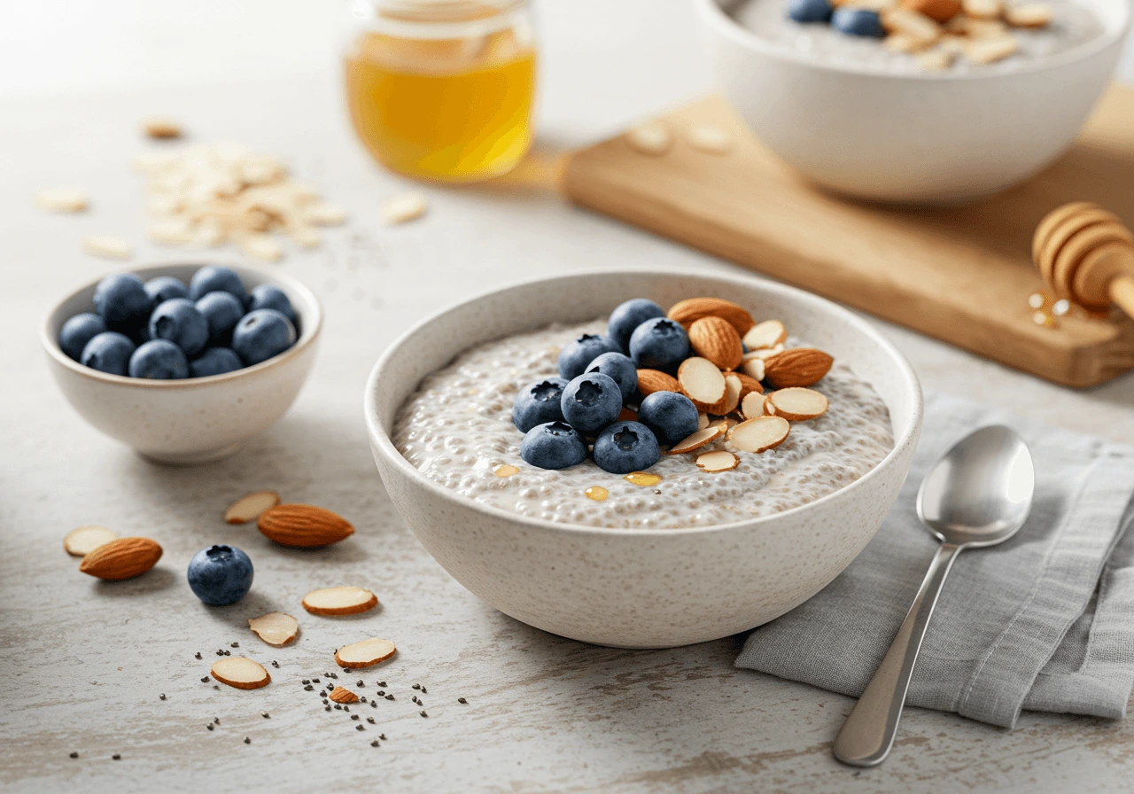 High-protein chia seed pudding with fresh blueberries and almonds