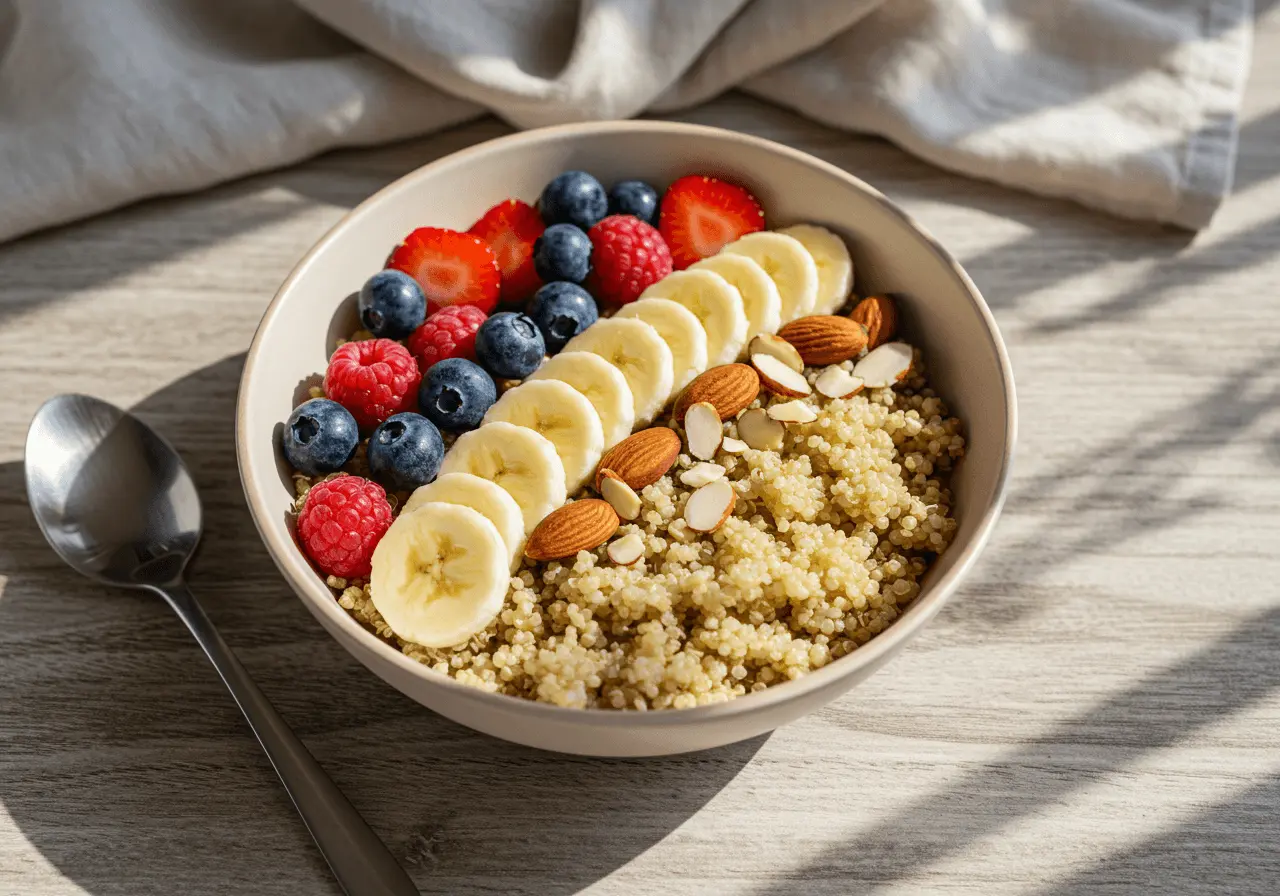 Quinoa breakfast bowl with fresh berries, bananas, and honey