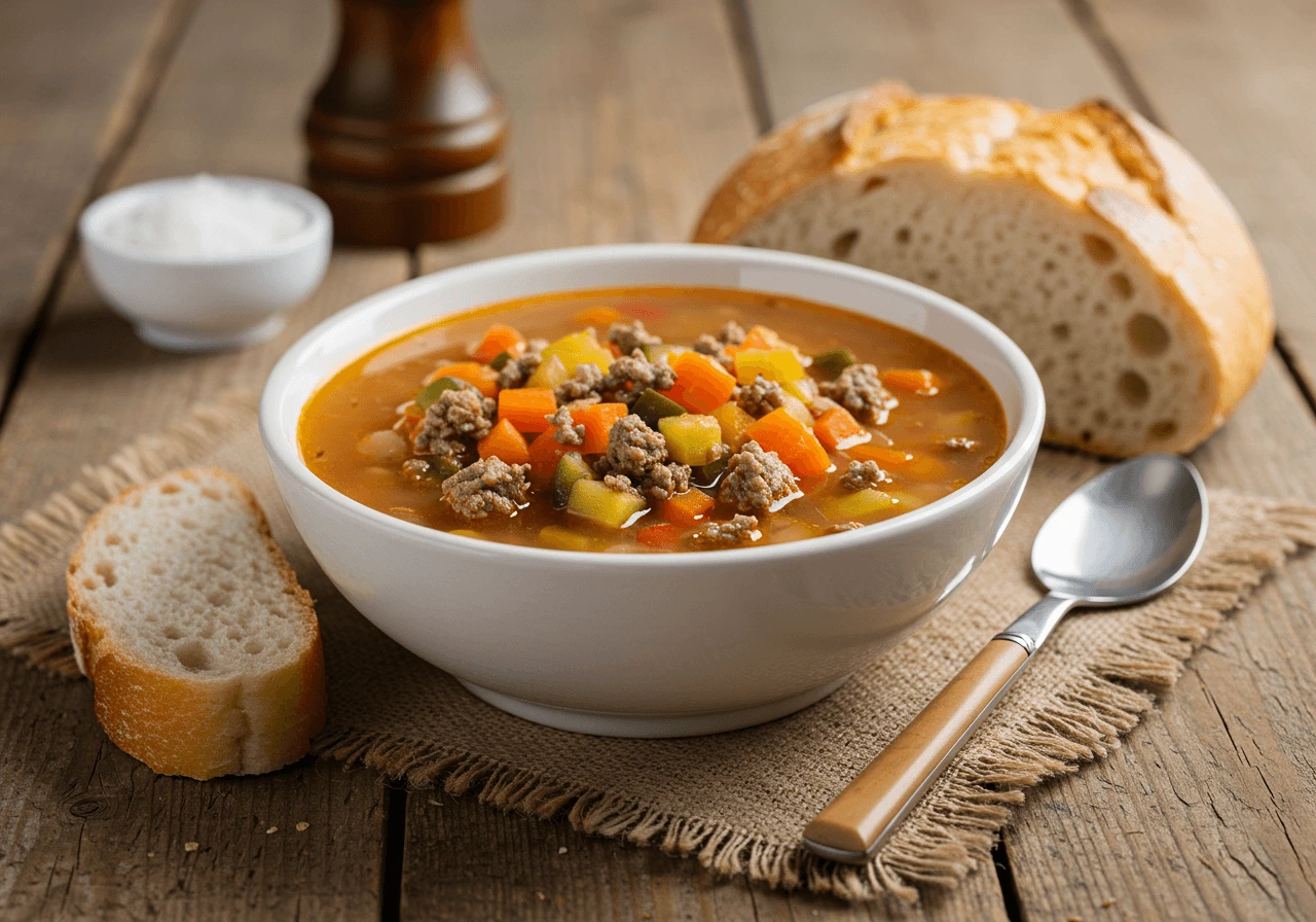 bowl of Busy Day Soup with fresh bread on a rustic table