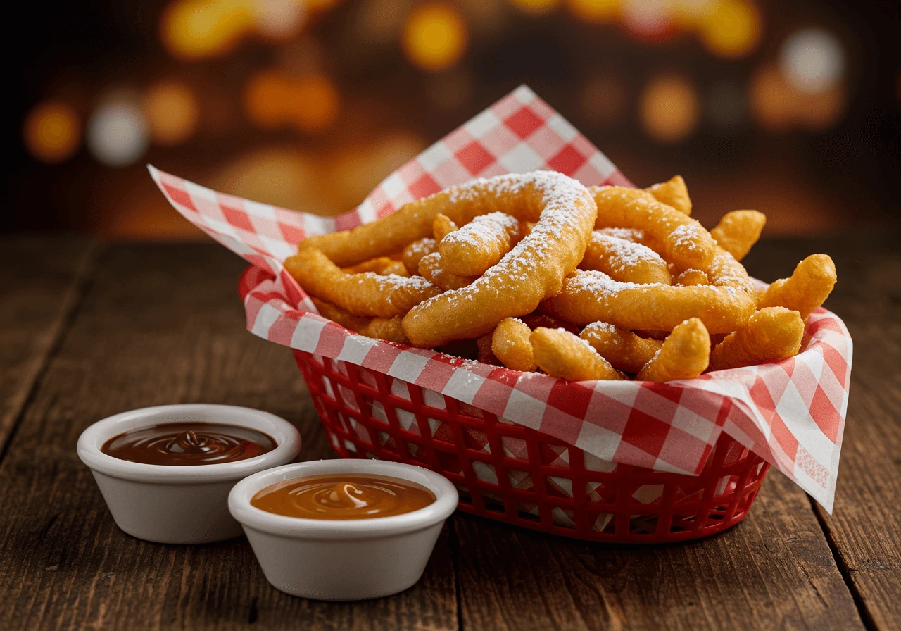 Funnel Cake Fries with Powdered Sugar and Dipping Sauces