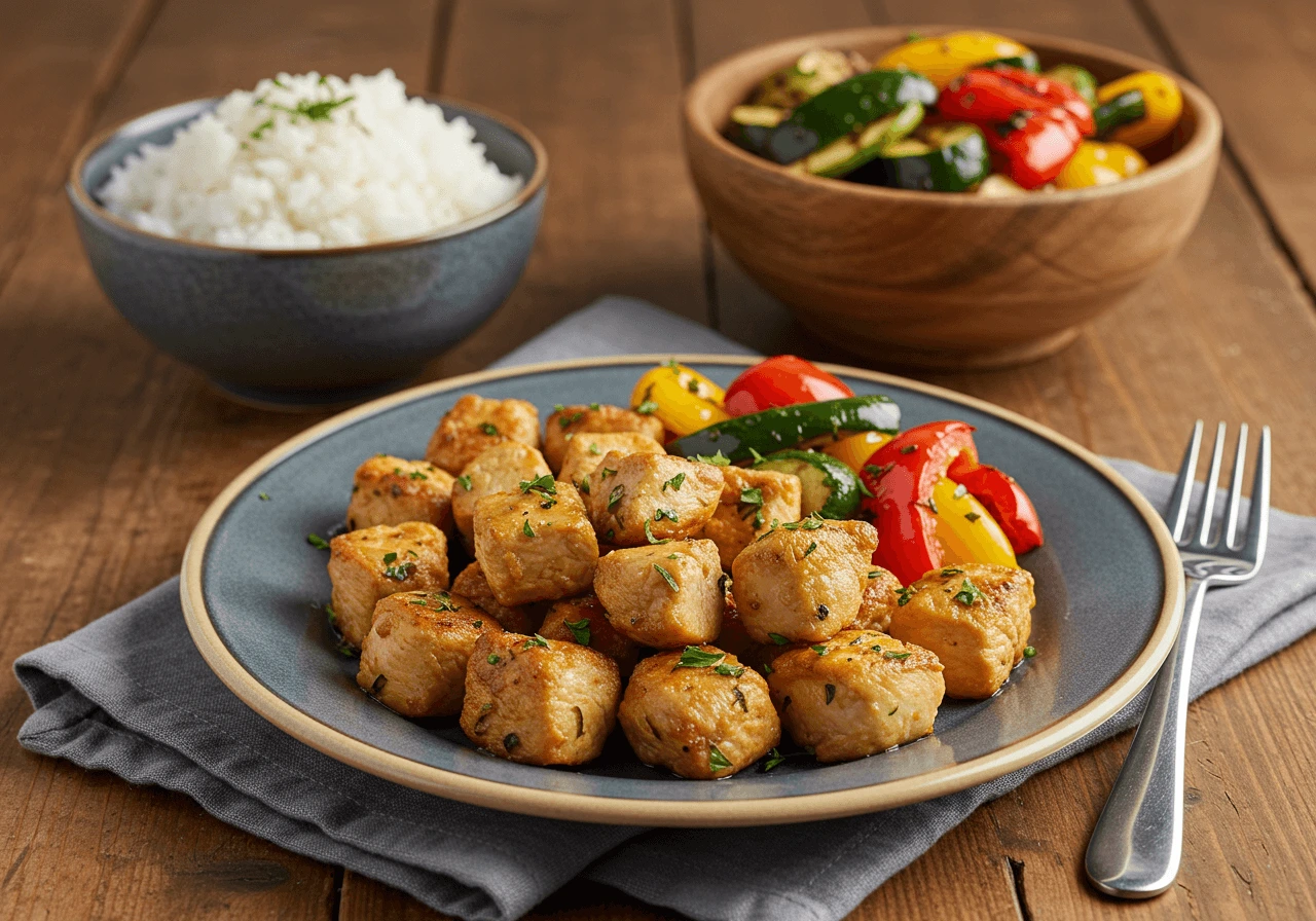 Plated diced chicken meal with rice and vegetables