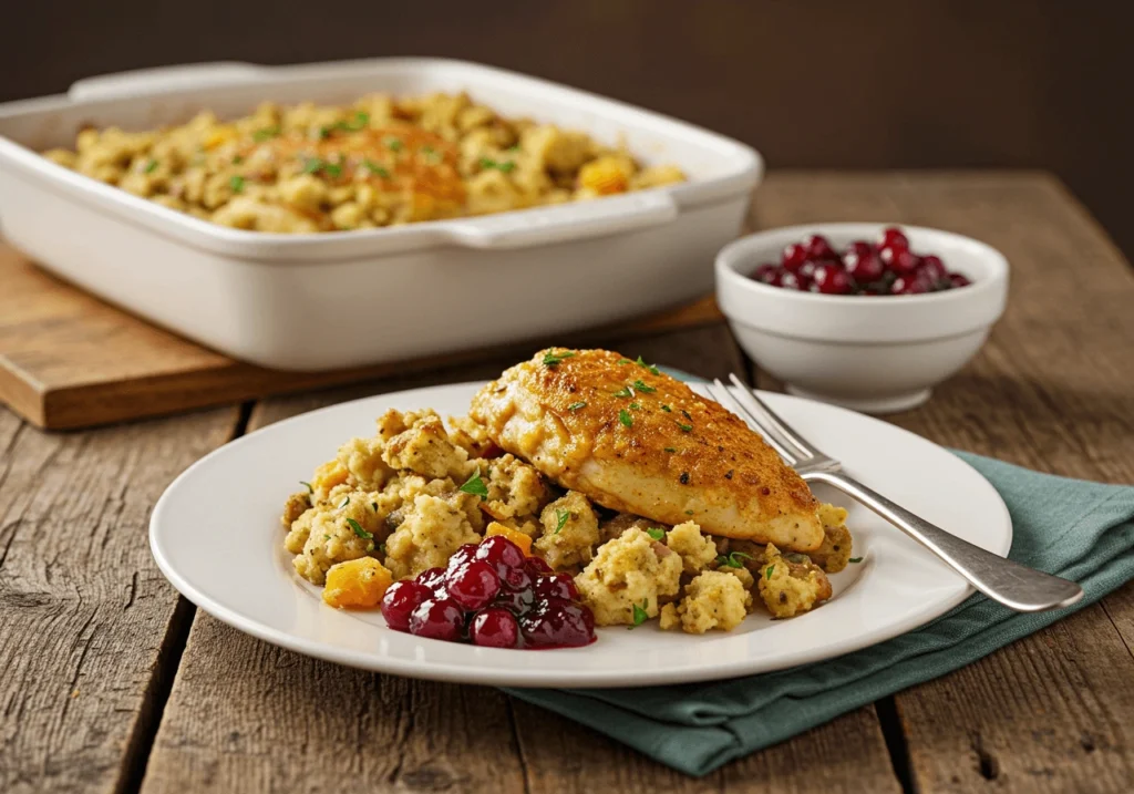 Southern-style chicken and dressing on a plate with cranberry sauce.