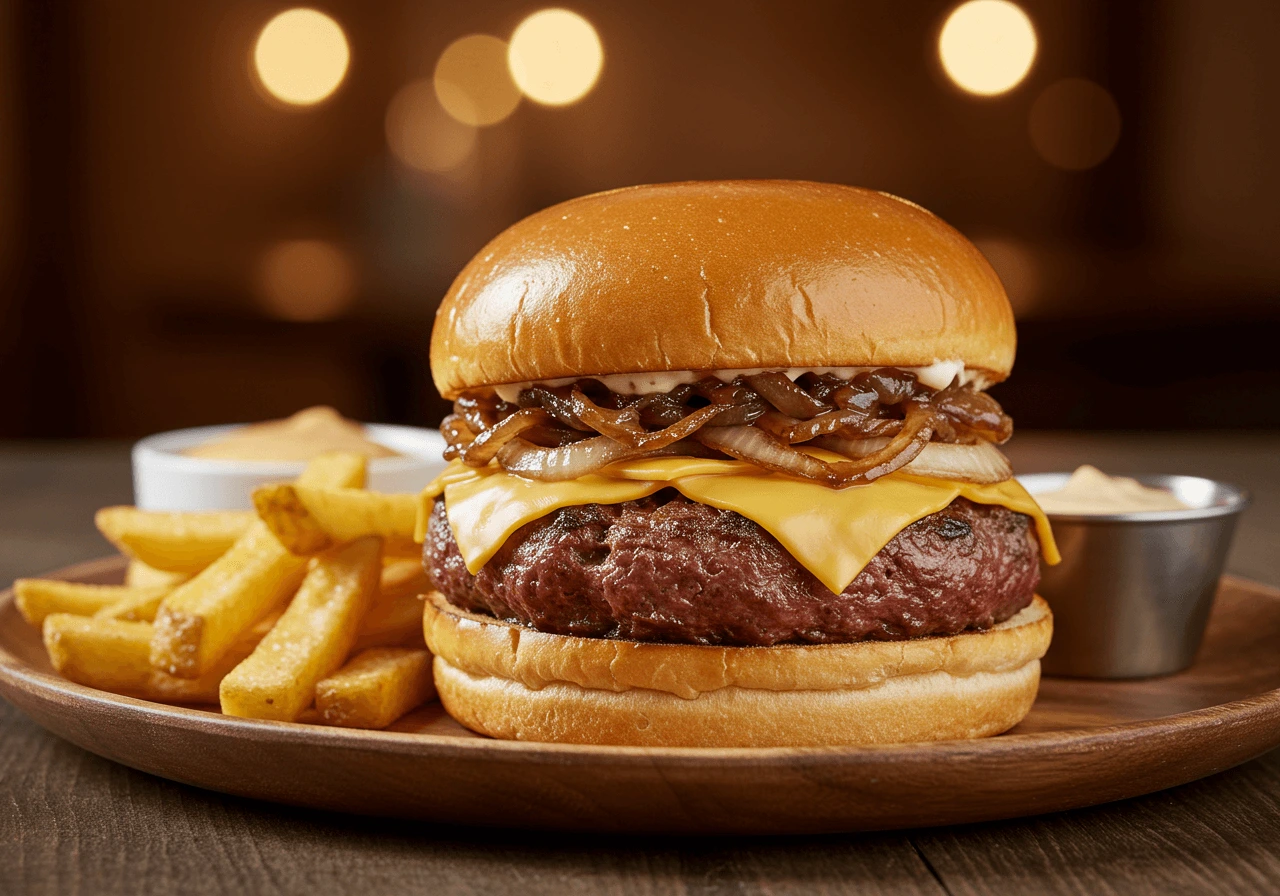 Juicy Wagyu beef burger with caramelized onions and cheddar