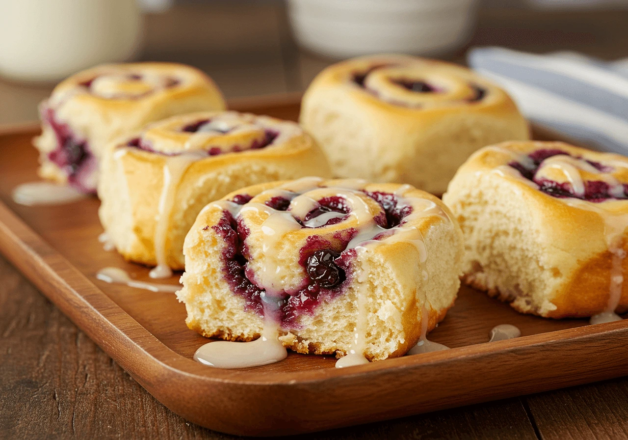 Freshly baked blueberry cheesecake rolls with vanilla glaze