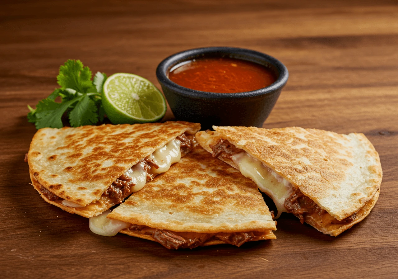 Crispy birria quesadilla with melted cheese and dipping sauce