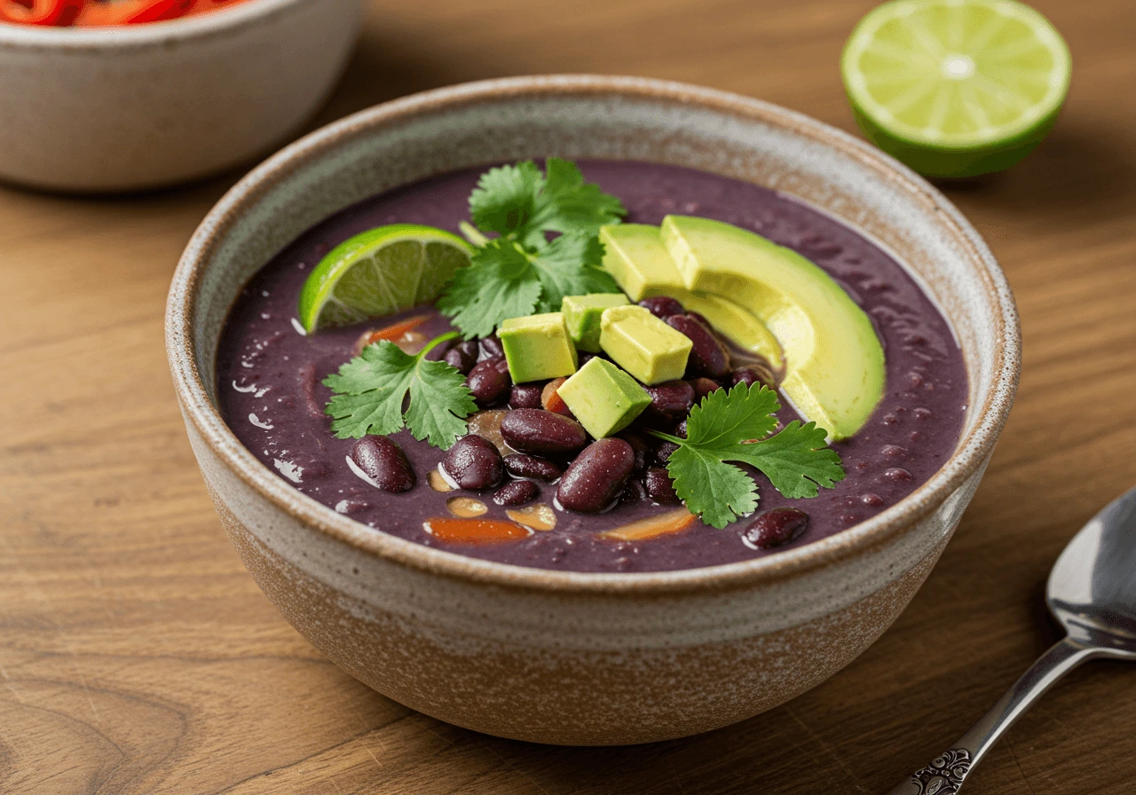 A bowl of purple black bean soup with fresh garnishes