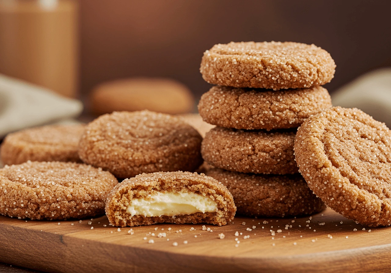 Churro cheesecake cookies stacked with creamy filling exposed