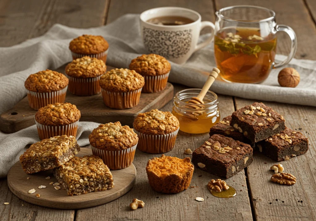 Freshly baked healthy muffins, oat bars, and brownies on a rustic wooden table