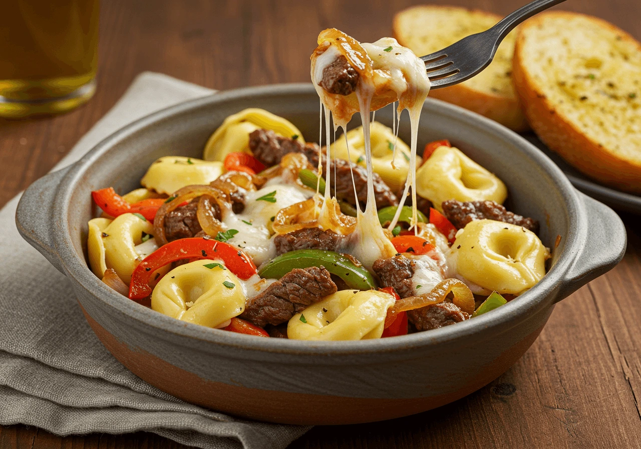 Philly Cheesesteak Tortellini in a rustic bowl