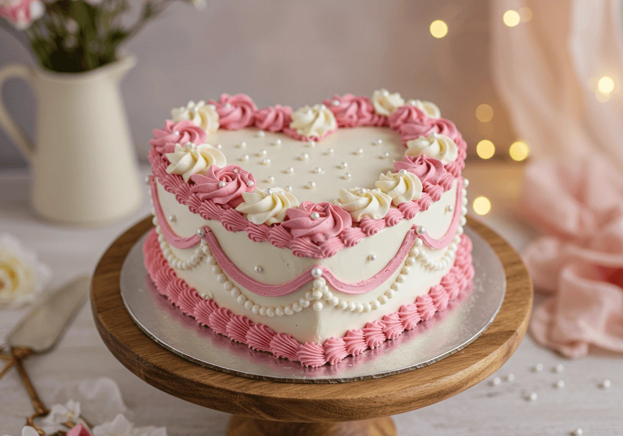 Heart-shaped cake with pink buttercream frosting and pearls