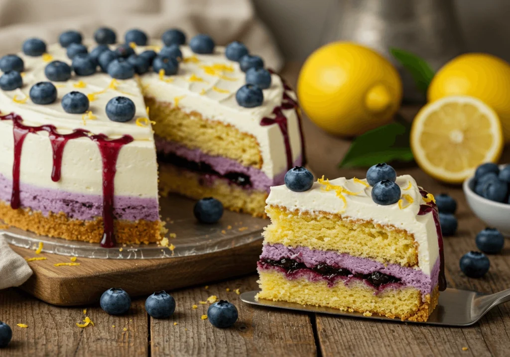 A beautifully sliced lemon blueberry cheesecake cake with blueberries and lemon zest on top