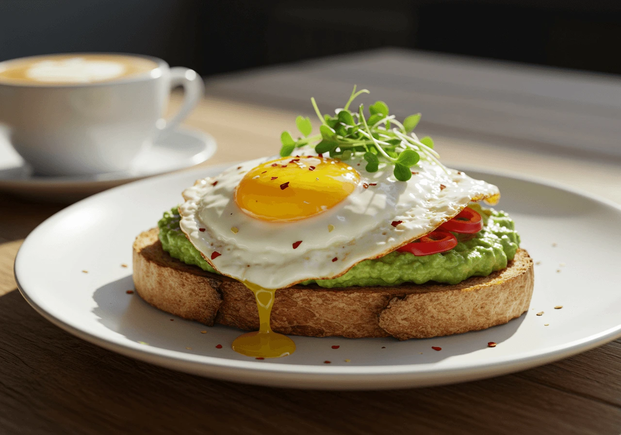 Avocado toast with egg, garnished with microgreens on a wooden table
