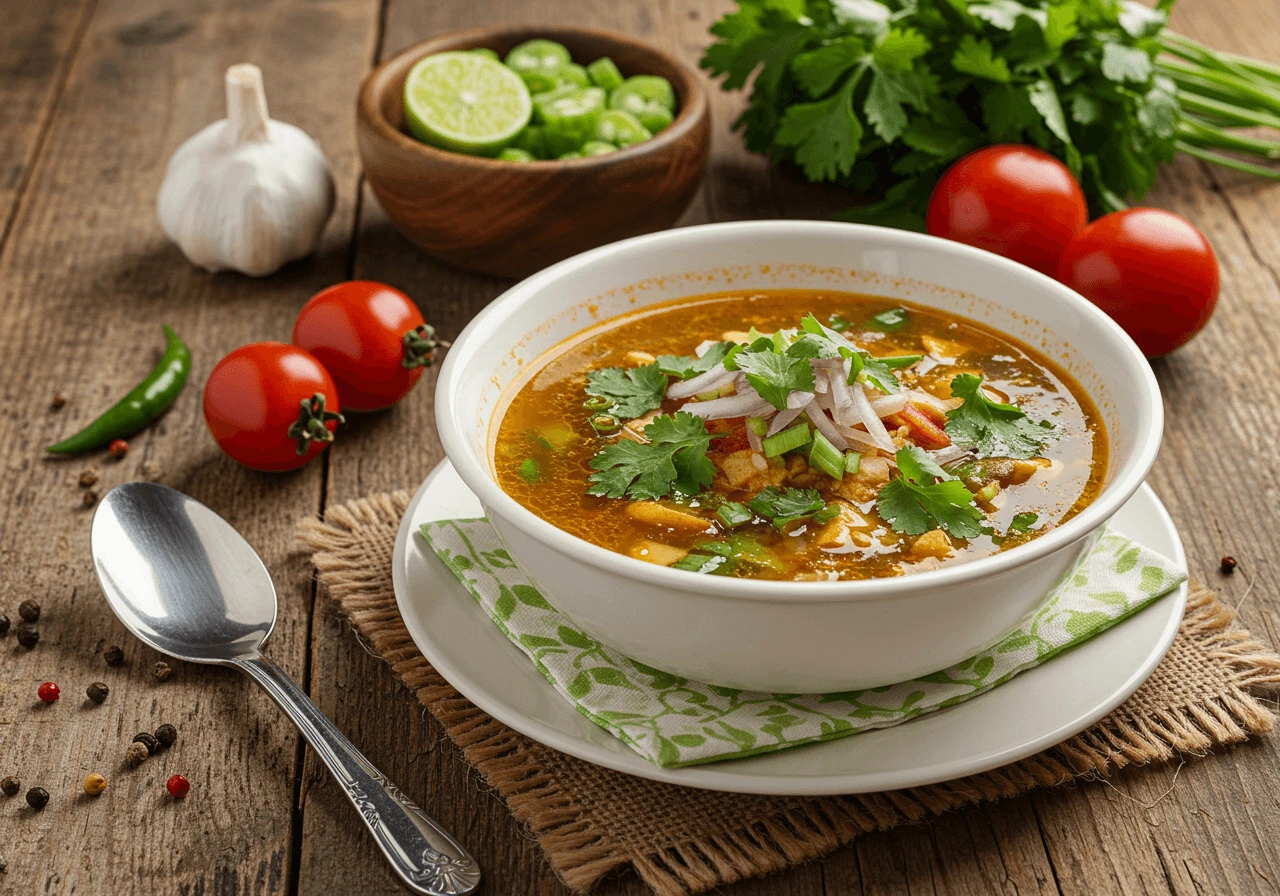 Steaming bowl of chopt soup with fresh vegetables and herbs