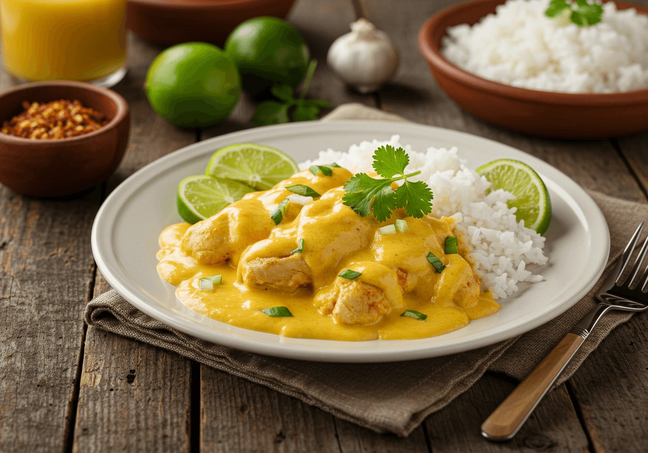 Churu Chicken Amarillo with creamy Aji Amarillo sauce and rice