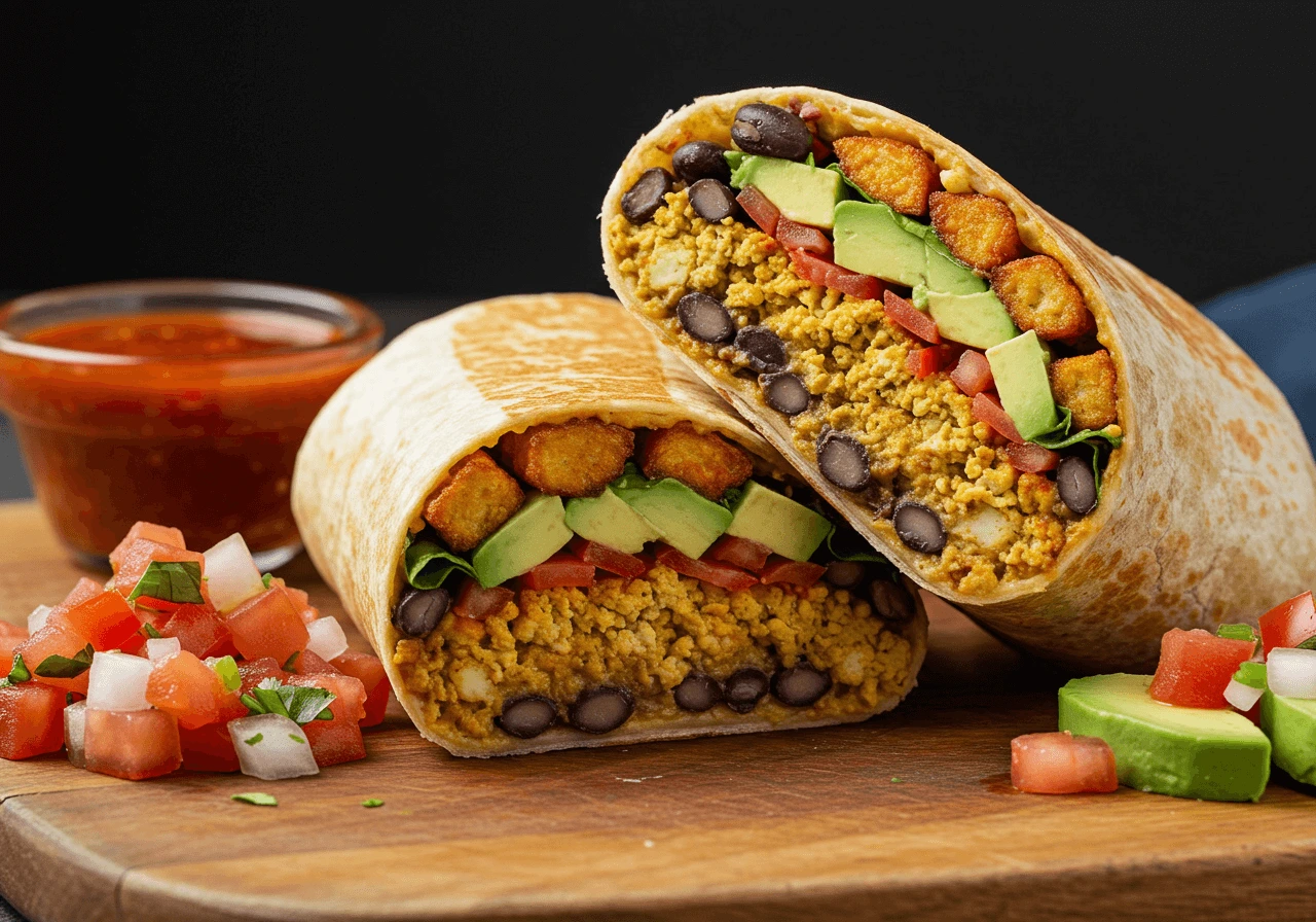 Close-up of a vegan breakfast burrito with tofu, beans, and avocado