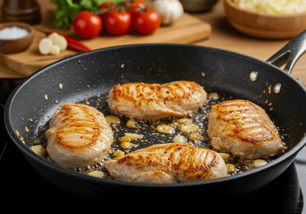  Chicken breasts searing in a pan with garlic, onions, and Aji Amarillo paste