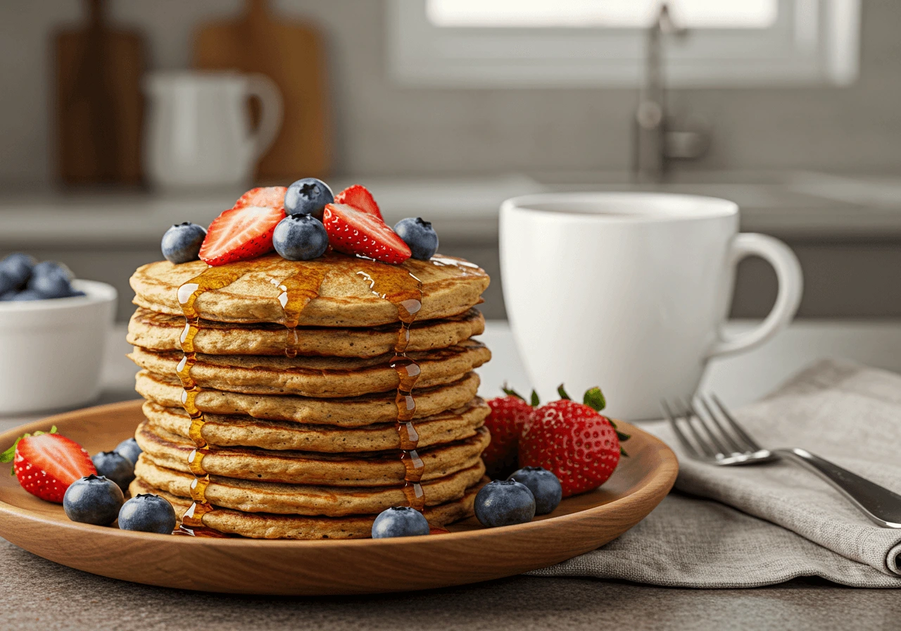 Stack of fluffy gluten-free protein pancakes with berries and syrup