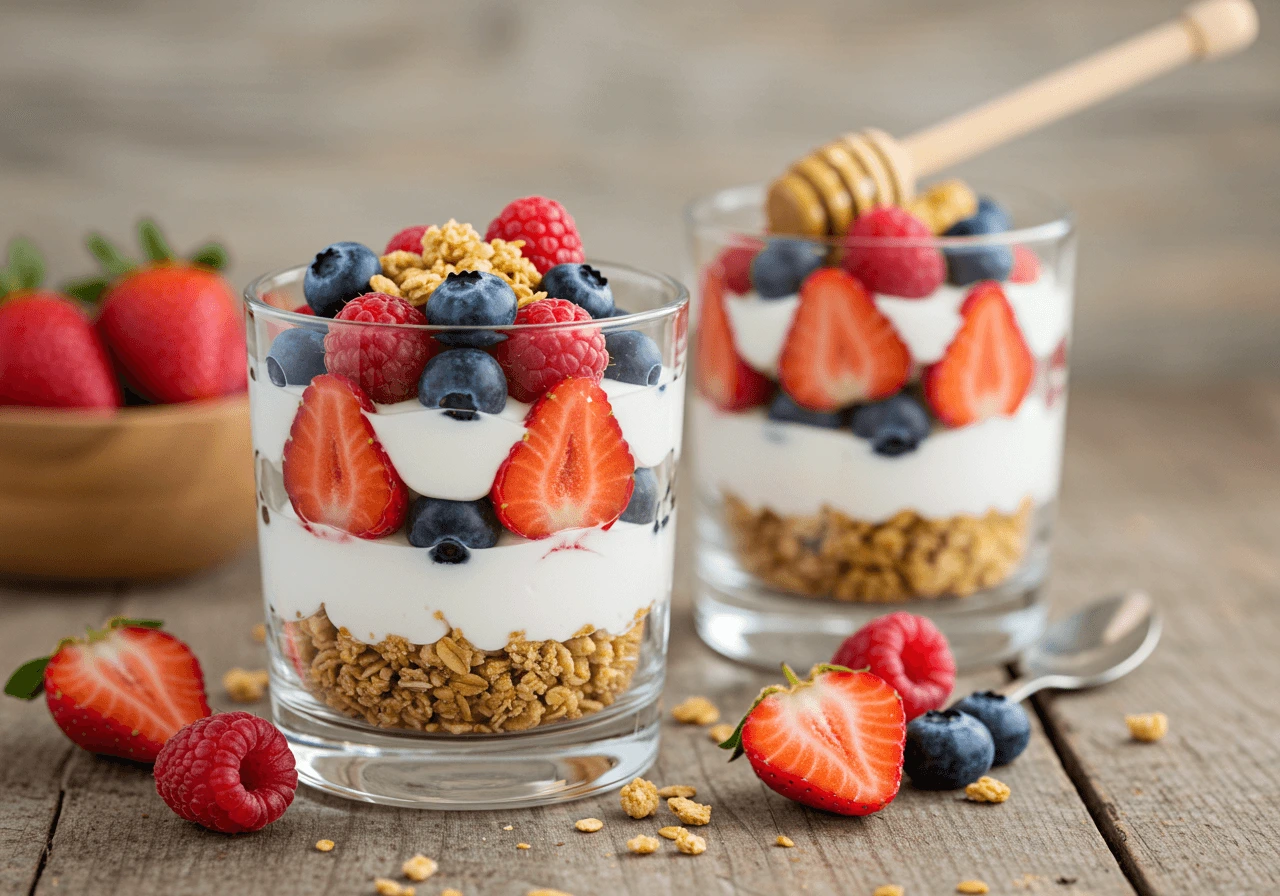 Berry yogurt parfait with fresh fruits and granola in a glass