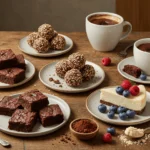 A variety of healthy protein desserts including brownies, protein balls, and cheesecake on a wooden table