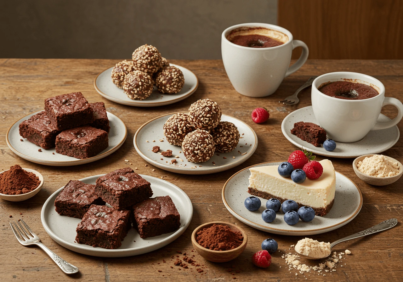 A variety of healthy protein desserts including brownies, protein balls, and cheesecake on a wooden table