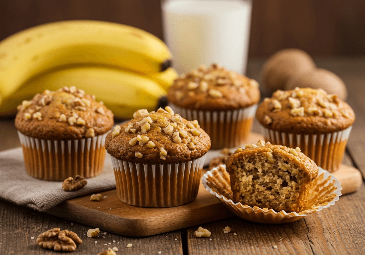 Freshly baked banana nut muffins with walnuts on a wooden table